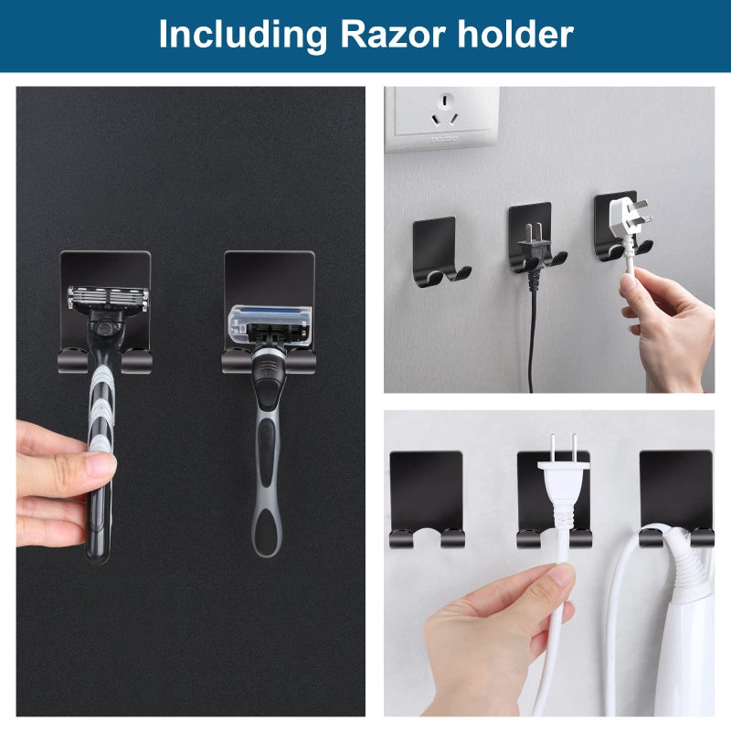 Diesisa Razor Holder for Shower + Adhesive Wall Hooks  Premium 304 Stainless Steel Shower Razor Holder with Heavy Duty Waterproof Sticky Hooks for Hanging Towels  Coat  hat (4+4 Pack) - Black - Image 2